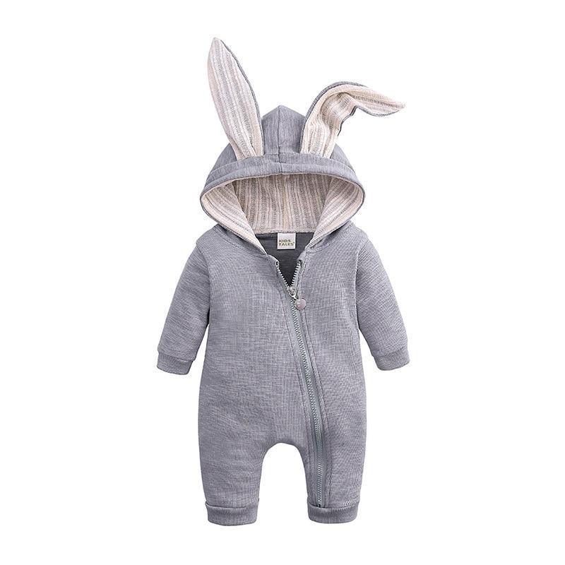 Gray baby onesie with bunny ears on a white background
