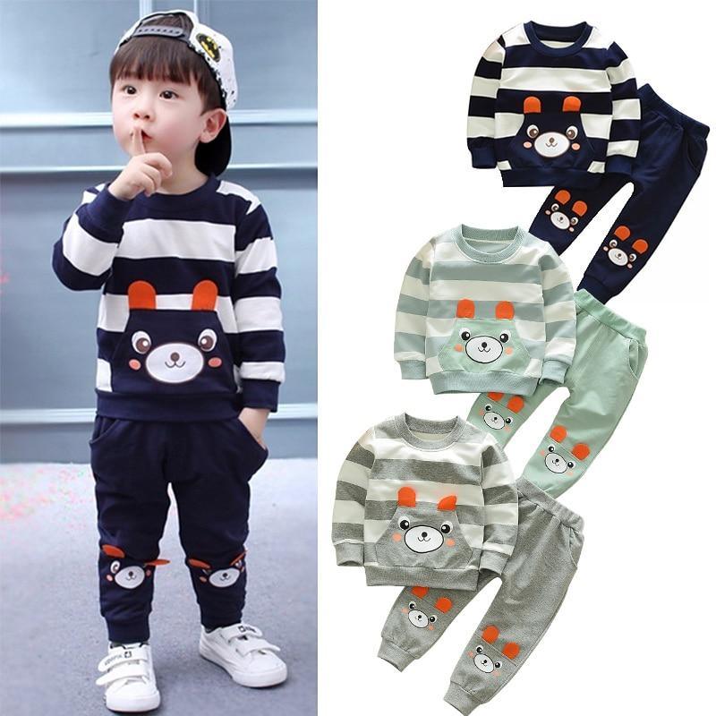 Baby Boy Bear Stripe Two-Piece Set — Soft Long Sleeve Top & Harem Pants | 6M–5T