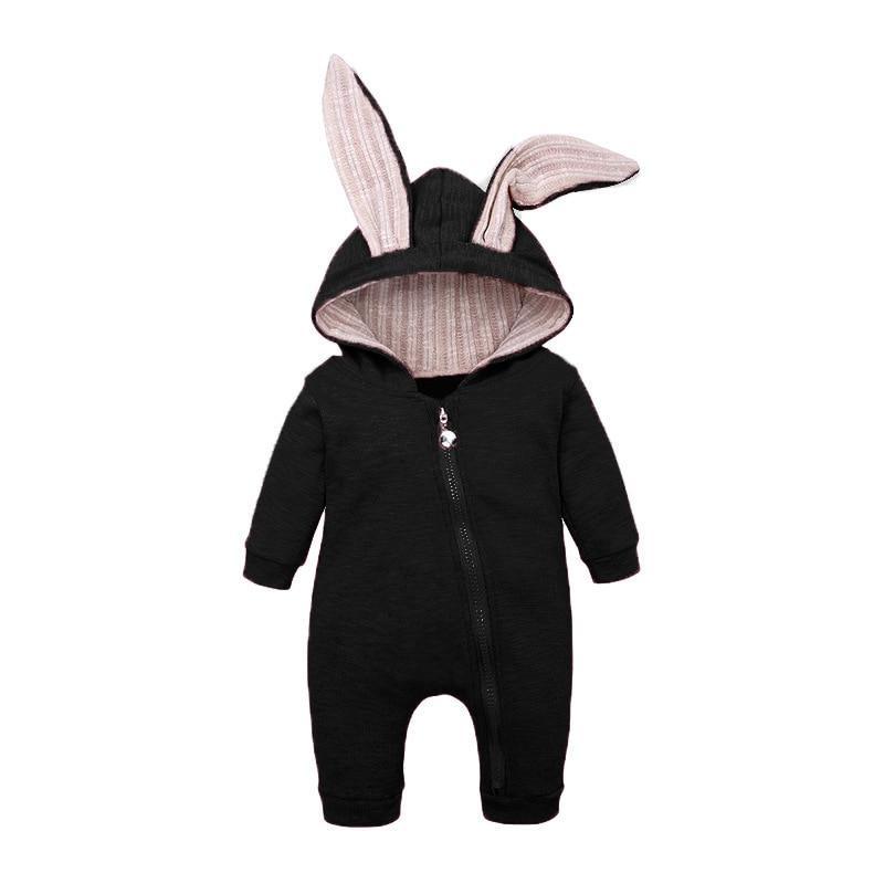 Black baby romper with bunny ears on a white background
