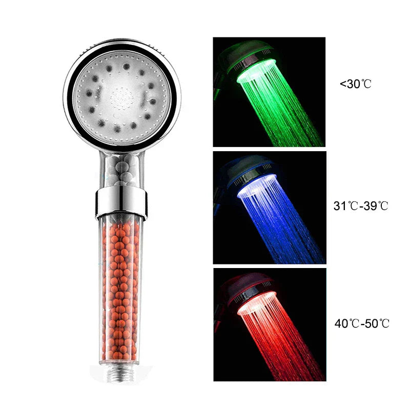 LED SPA Shower Head with Temperature Sensor | 3-Color LED, Water-Saving Filter