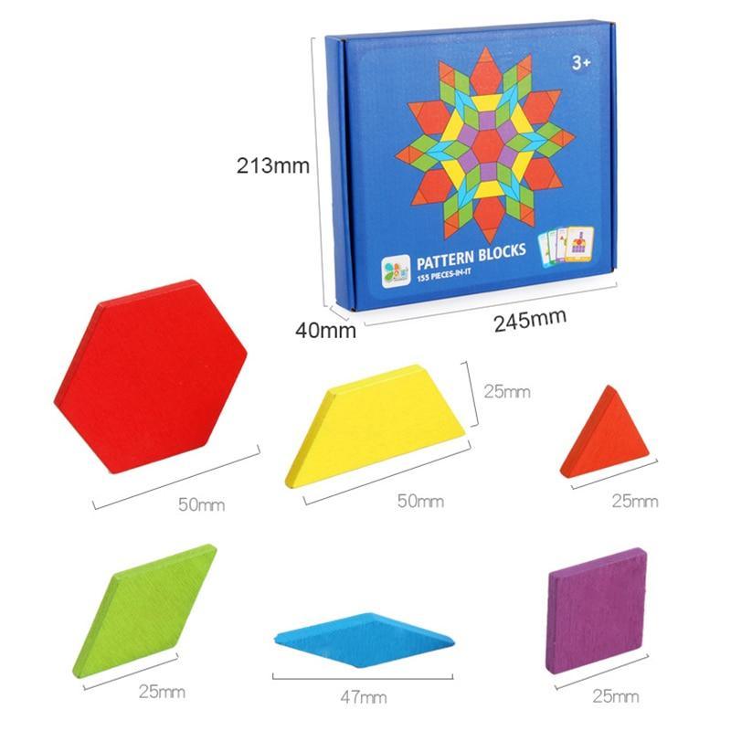 Set of colorful pattern blocks with measurements and a blue box labeled 'Pattern Blocks'.