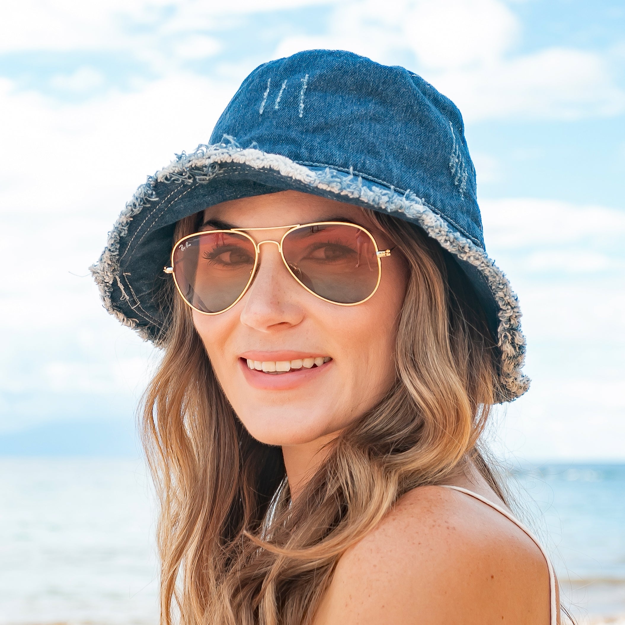 Denim Bucket Hat – Washed Denim, Frayed Edges & Wire Brim