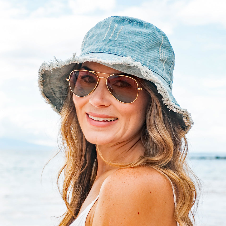 Denim Bucket Hat – Washed Denim, Frayed Edges & Wire Brim