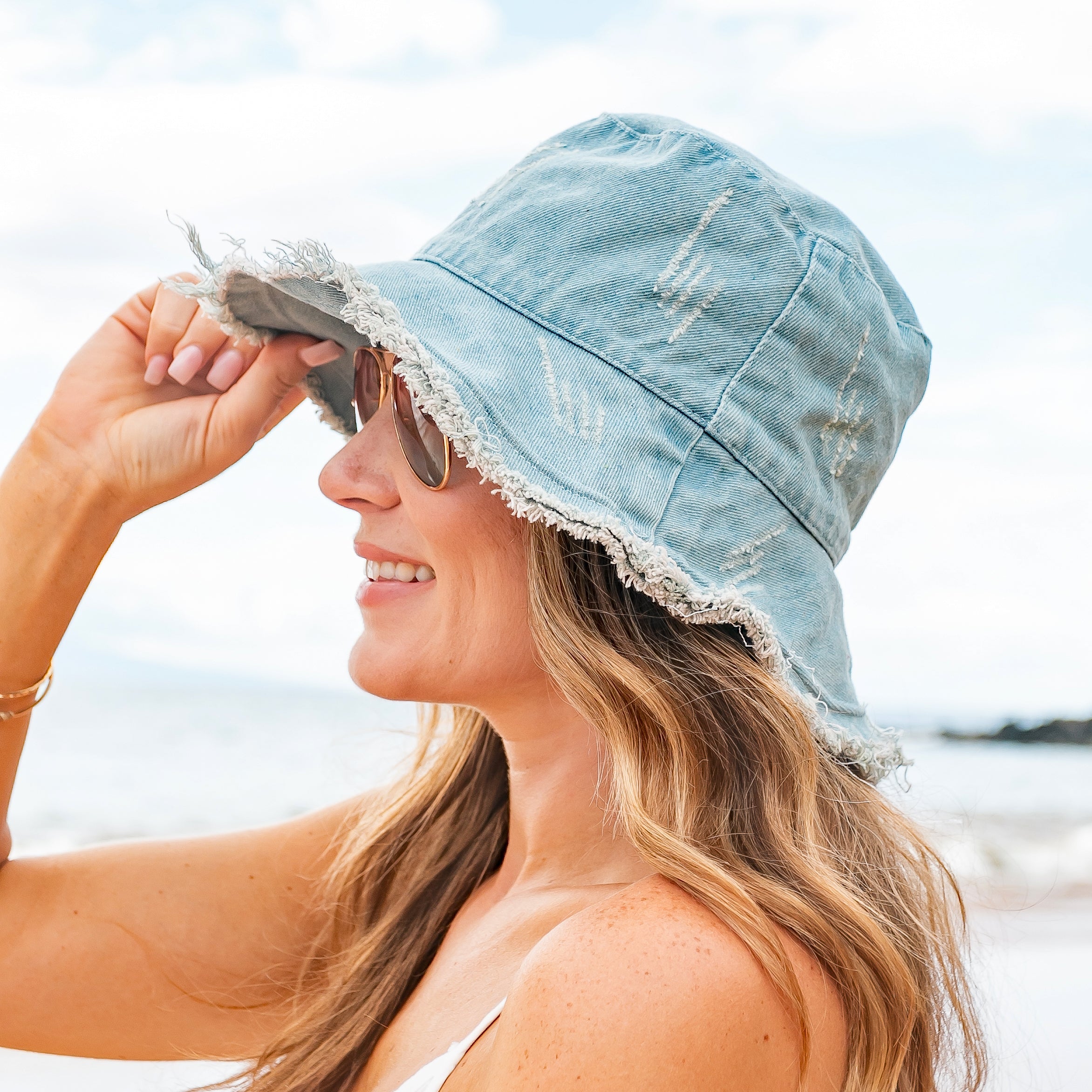 Denim Bucket Hat – Washed Denim, Frayed Edges & Wire Brim