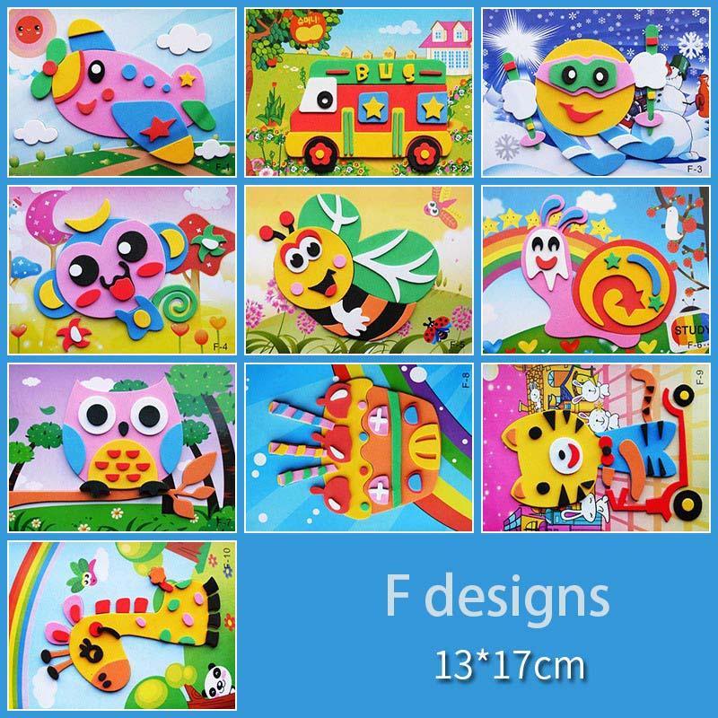 Collage of colorful foam craft designs with various animals and objects on a blue background.