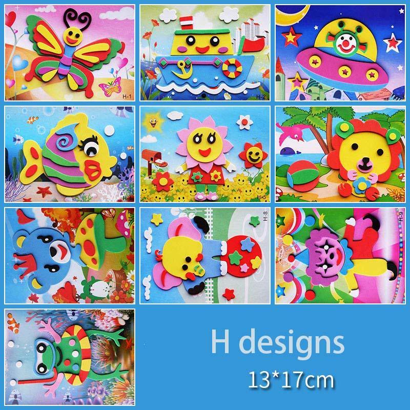 Collage of colorful children's crafts with various designs on a blue background.