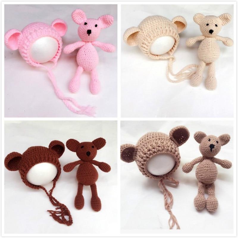 Four sets of crocheted toys with bear hats on a white background