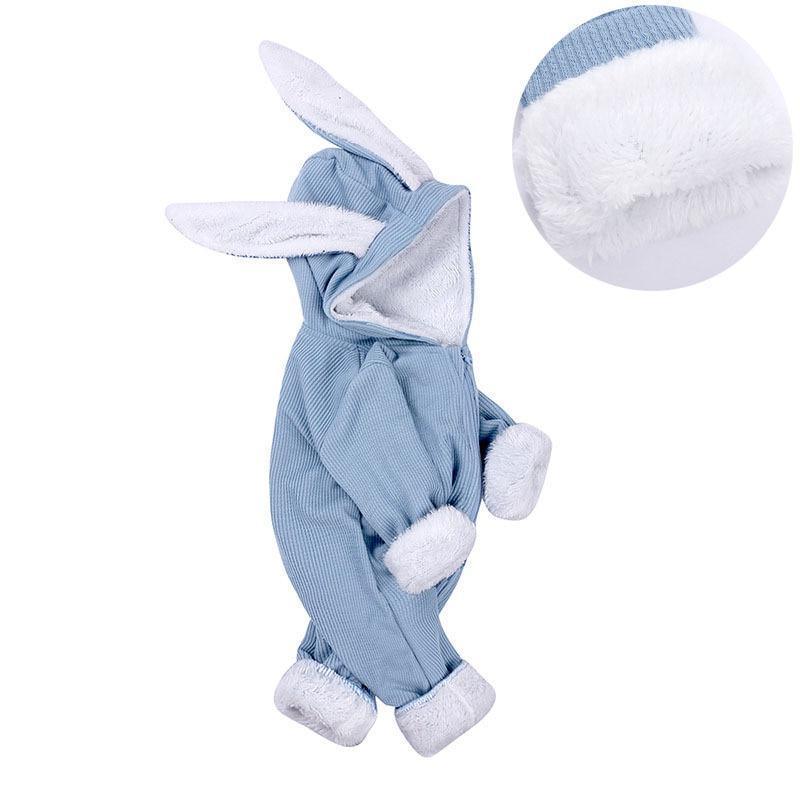 Blue baby bunny costume with white accents on a white background