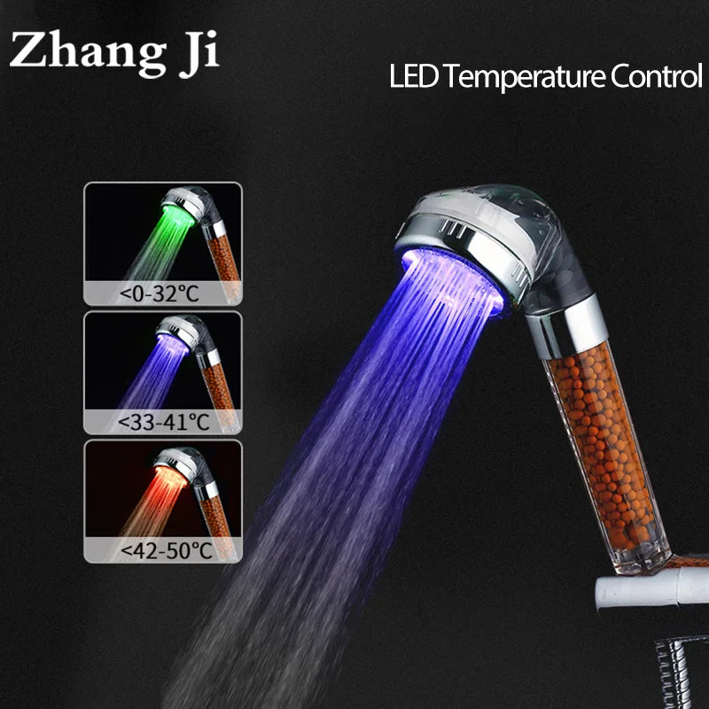 LED SPA Shower Head with Temperature Sensor | 3-Color LED, Water-Saving Filter