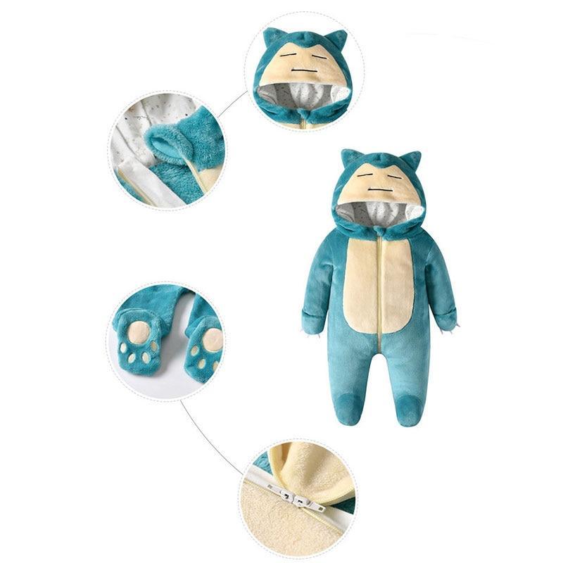 Blue baby onesie with Snorlax design on a white background