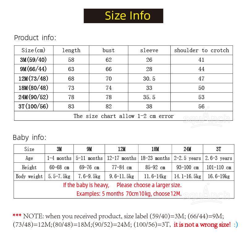 Size chart for clothing with measurements and baby information on a white background
