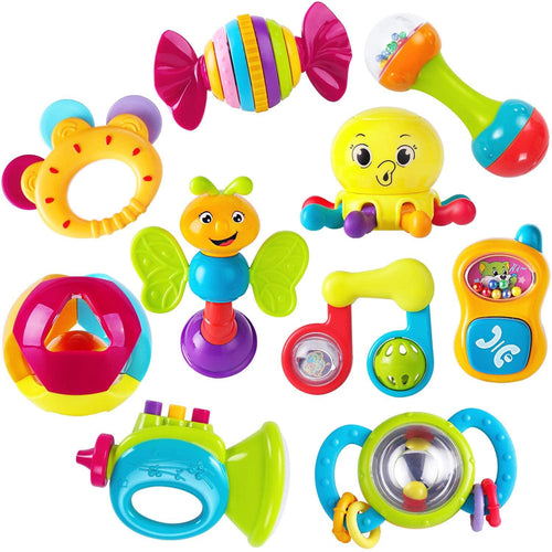 Assorted colorful baby toys on a white background