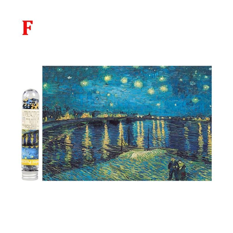 Framed artwork of 'Starry Night' by Van Gogh with a cylindrical product on the left.