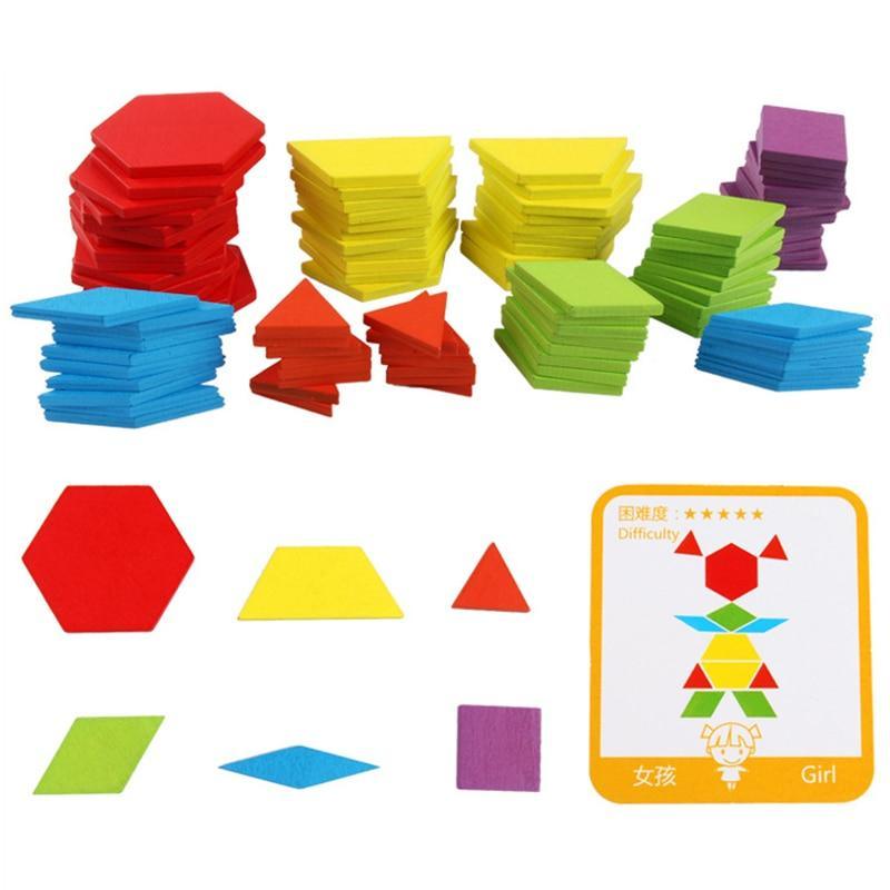 Colorful geometric shapes and a card with shape examples on a white background