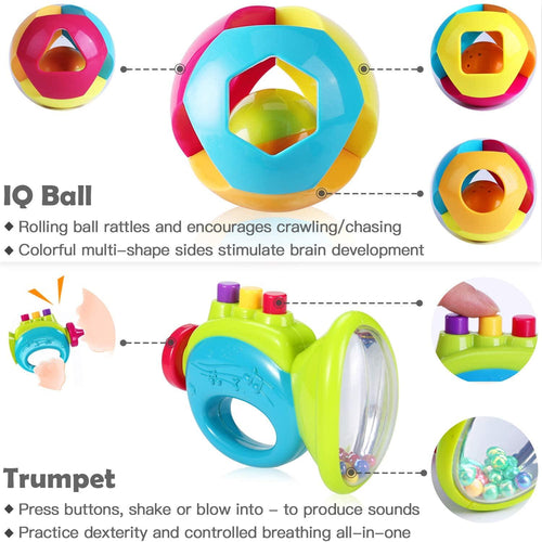 Colorful toy ball with multiple shapes and a trumpet toy, featuring text descriptions.