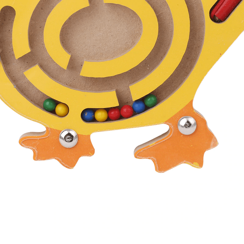 Wooden maze toy with colorful beads on a white background