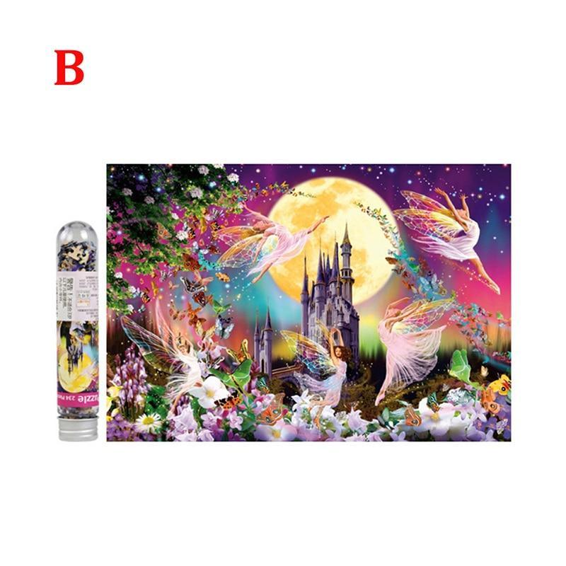 Fantasy scene with fairies, dragons, and a castle under a moonlit sky, with a bottle on the left.