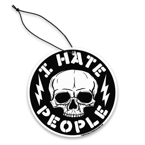 Round air freshener with skull design and 'I Hate People' text on a white background