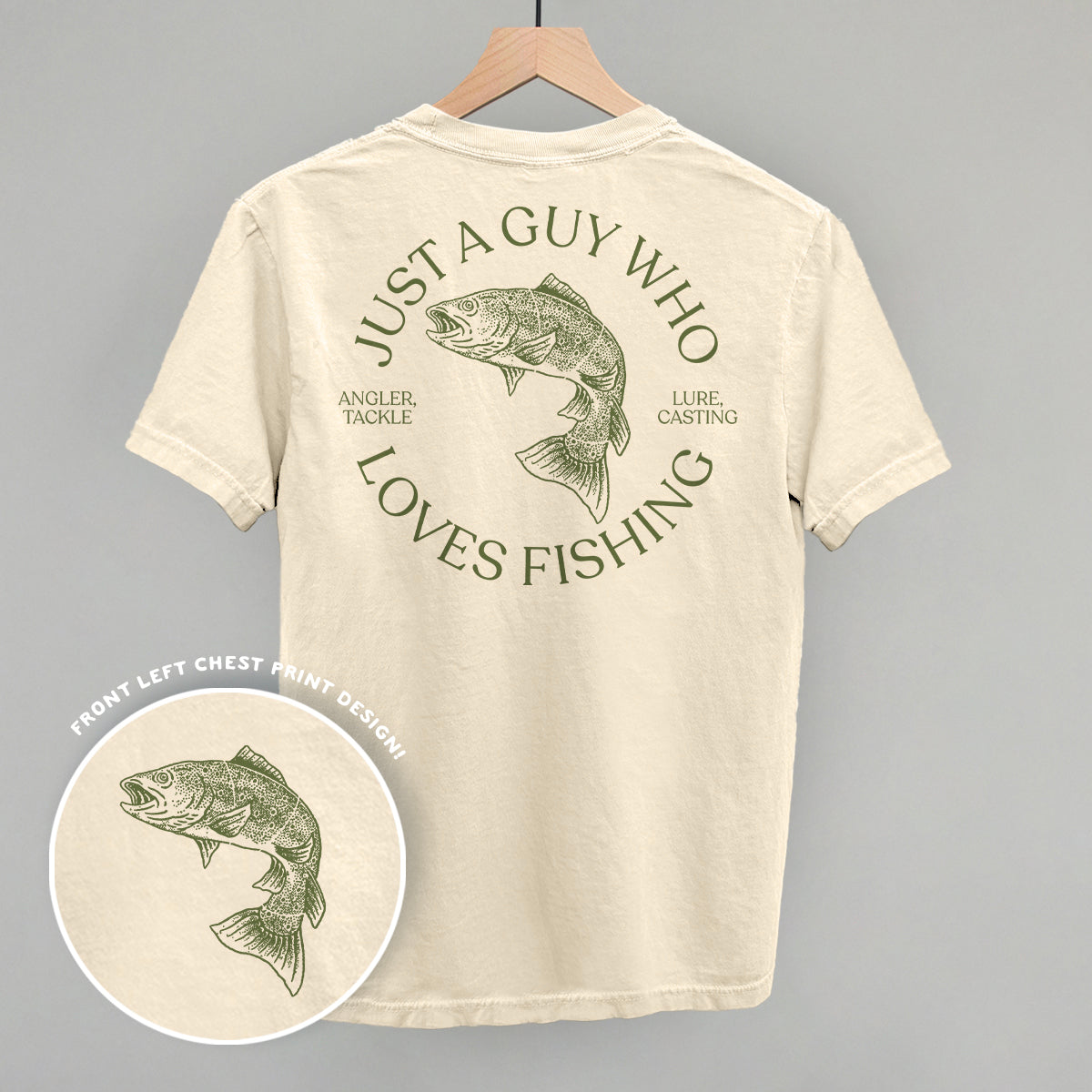 Beige t-shirt with fishing-themed design on a gray background
