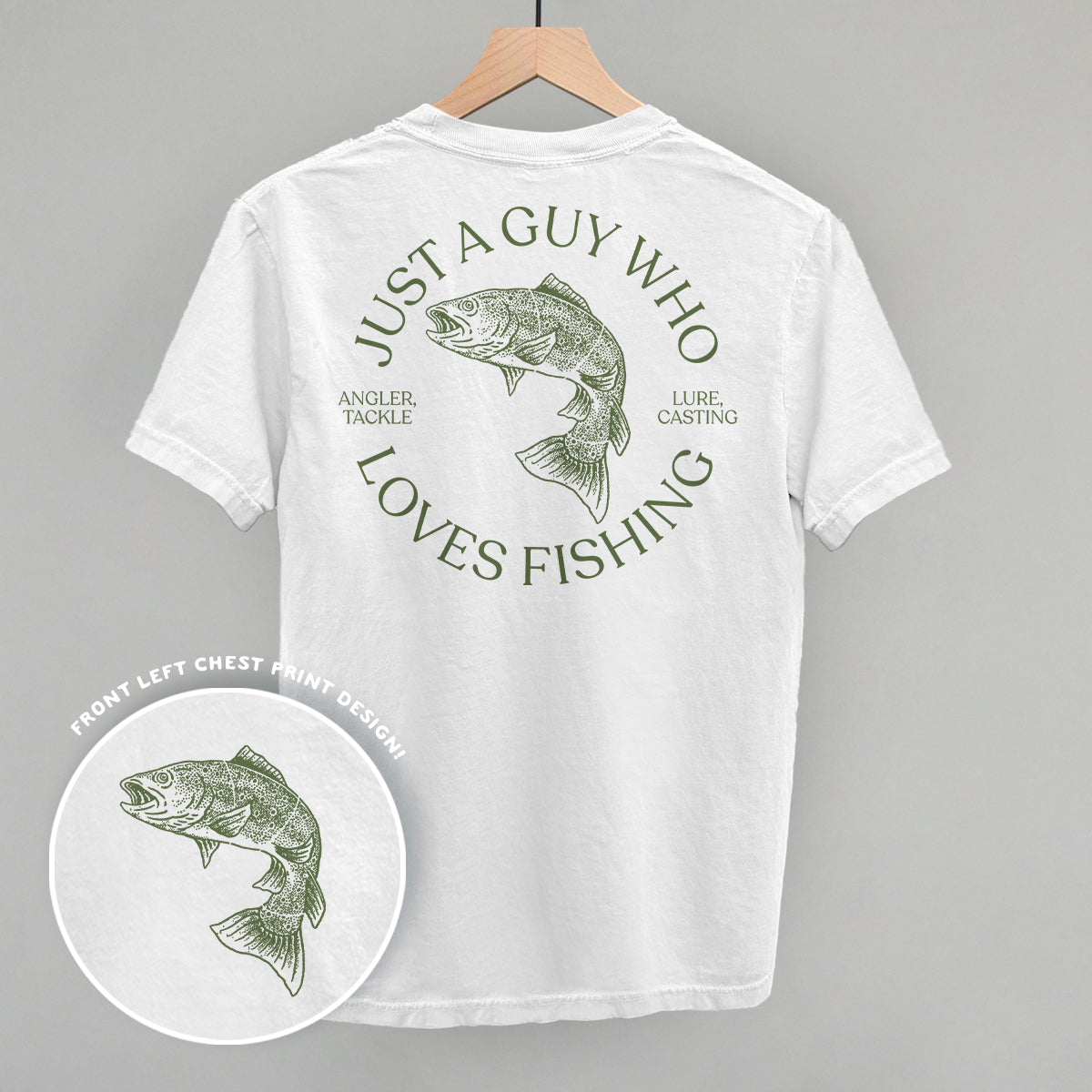 White t-shirt with fishing-themed design on a gray background