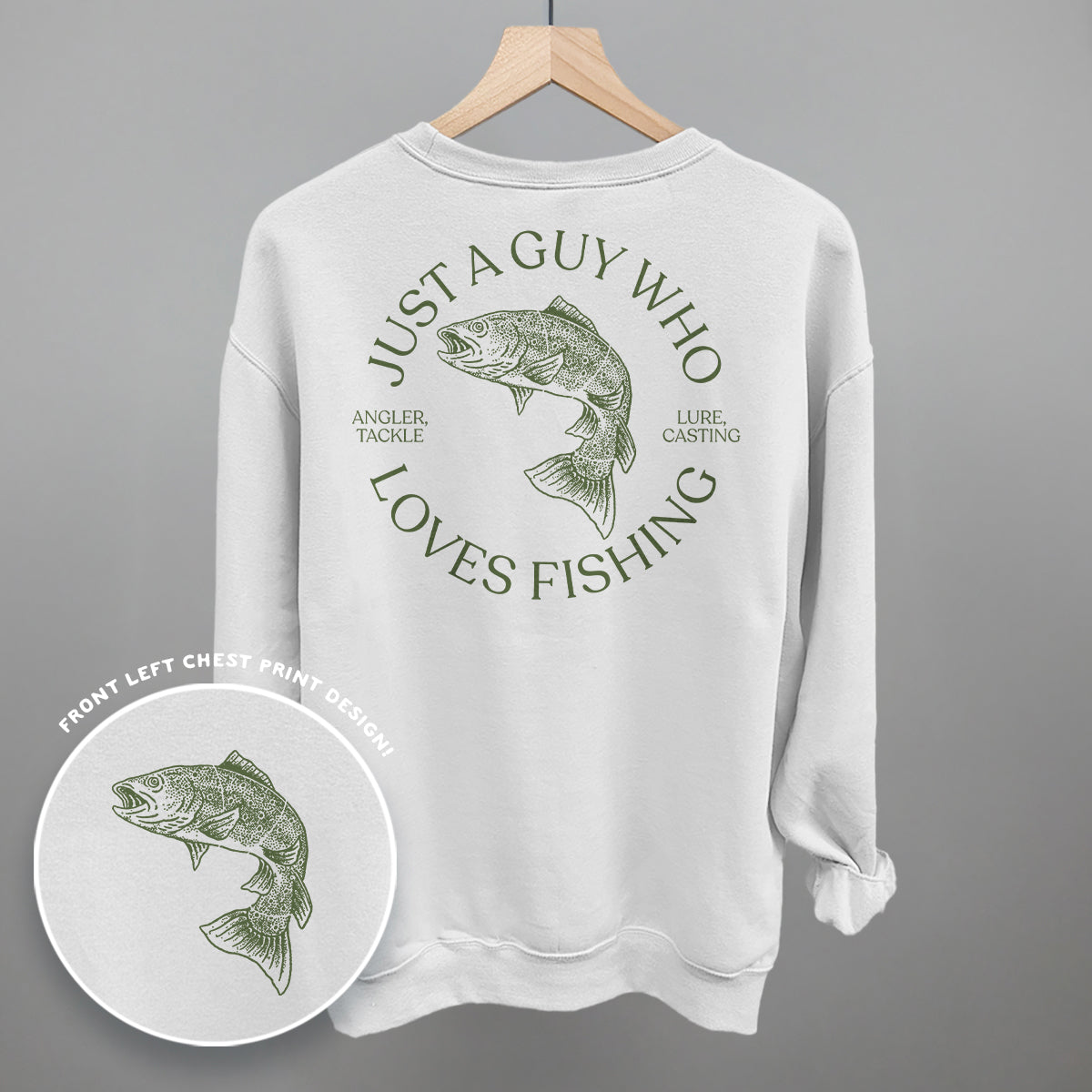White sweatshirt with fishing graphic and text on a gray background