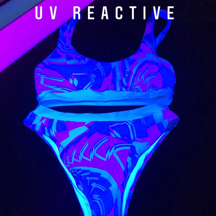 Women's Turquoise & Pink Tropical Sherbet Fractal UV Blacklight Reactive Sport Bikini Set