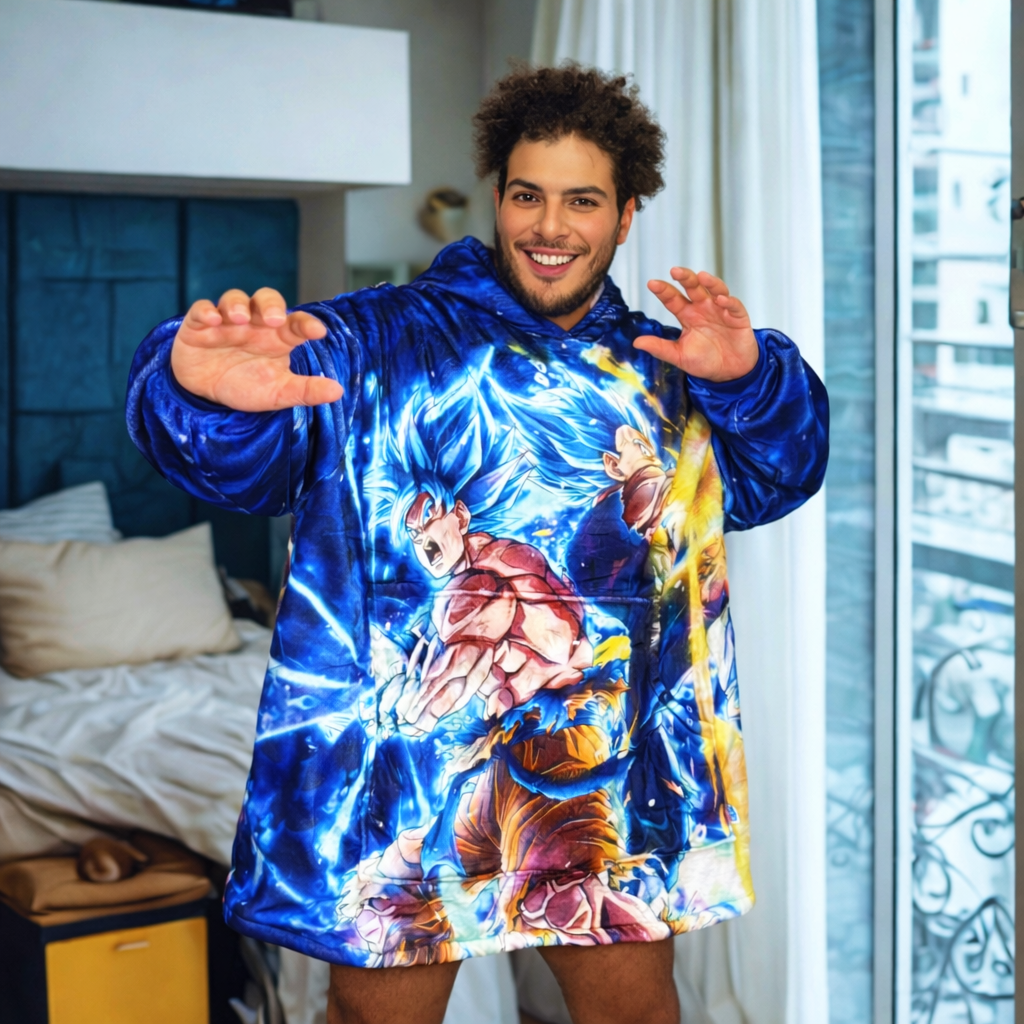 Ultra Instinct Anime tragbare Decke Hoodie – Premium 2,5 lb Sherpa