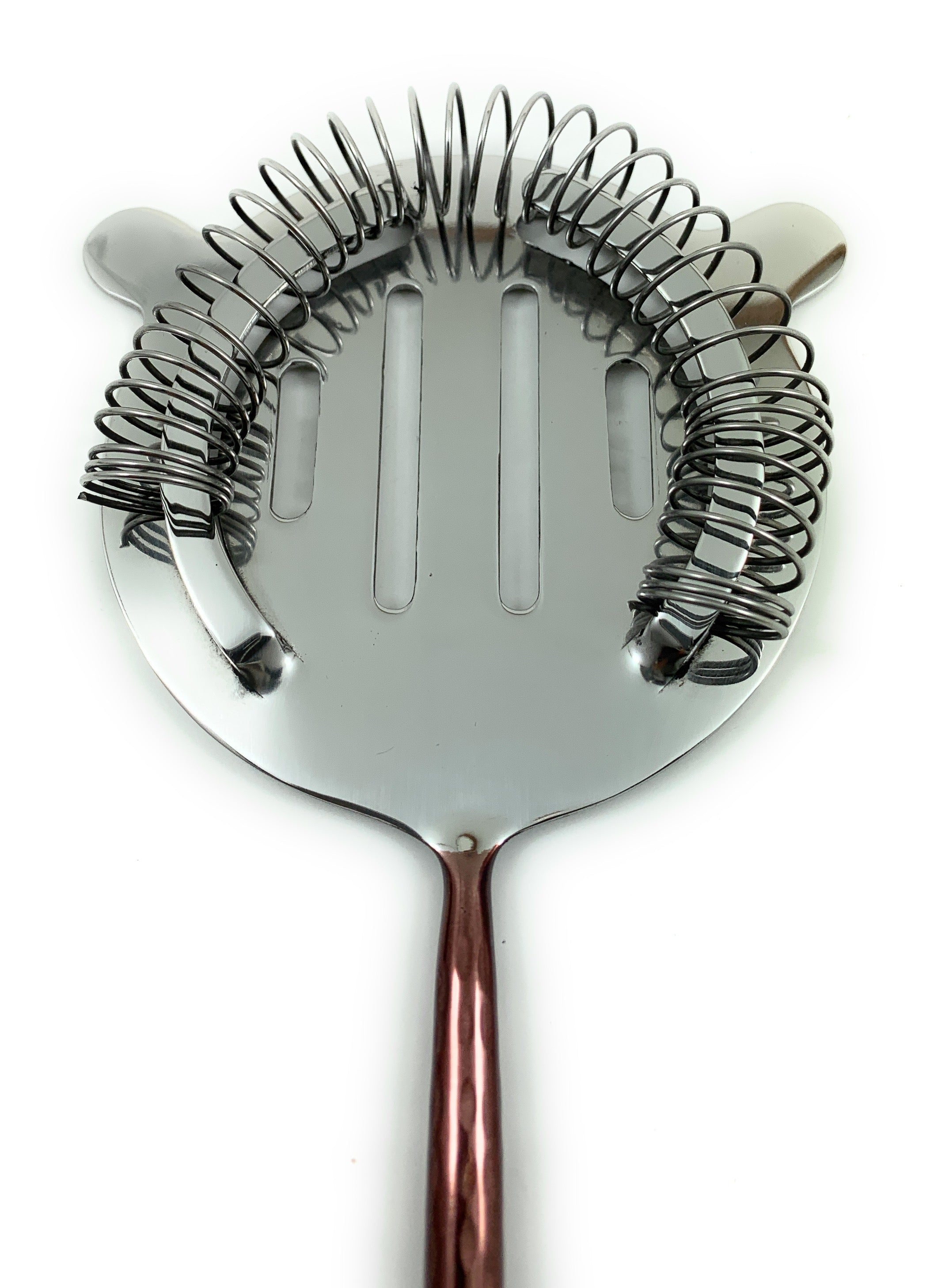 Metal cocktail shaker spoon with coiled handle on a white background