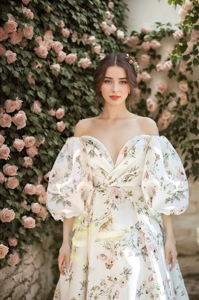 Woman in a floral dress standing in front of a wall of pink roses