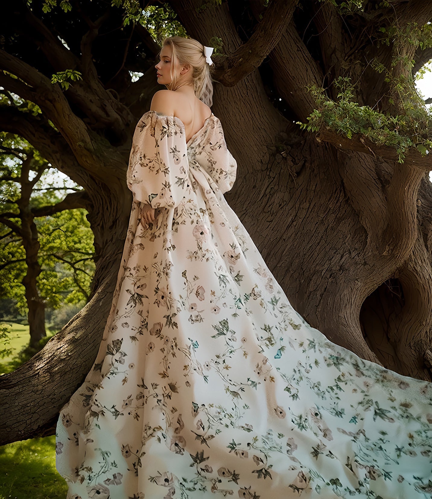 Woman in a floral dress standing next to a large tree in a park.