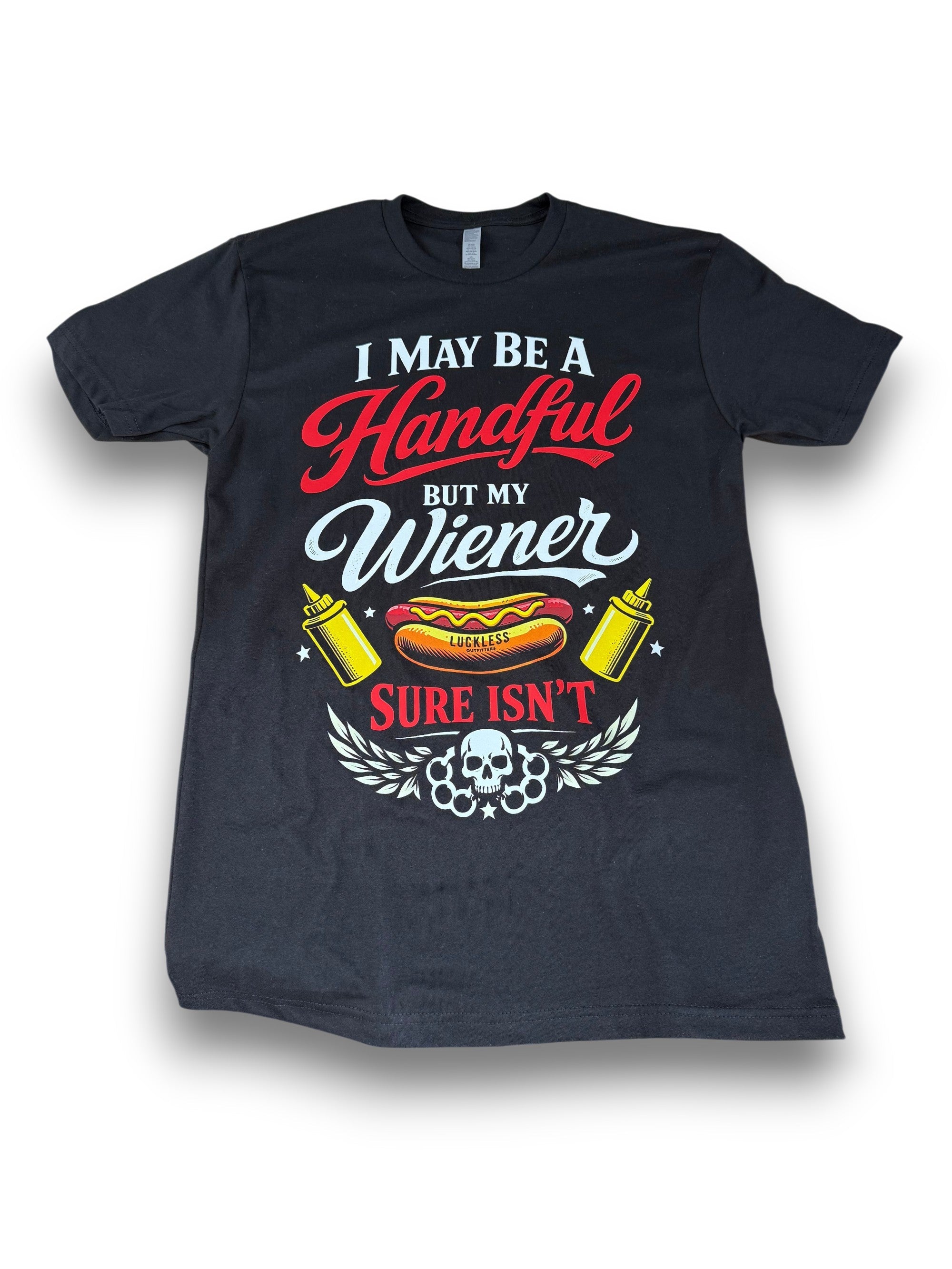 Black t-shirt with humorous graphic and text on a white background