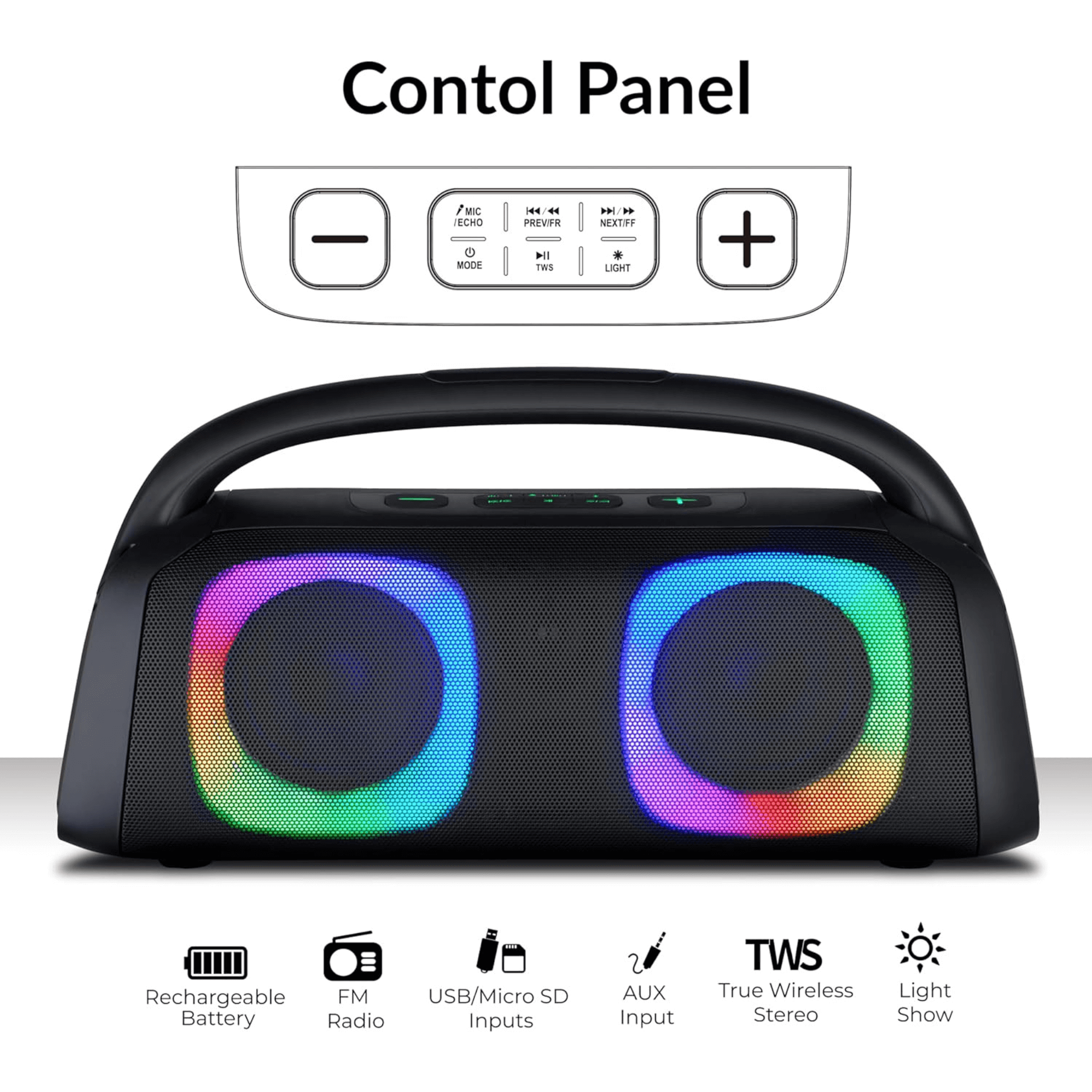 IQ Sound Portable Bluetooth Speaker with RGB Lights & TWS Stereo Sound