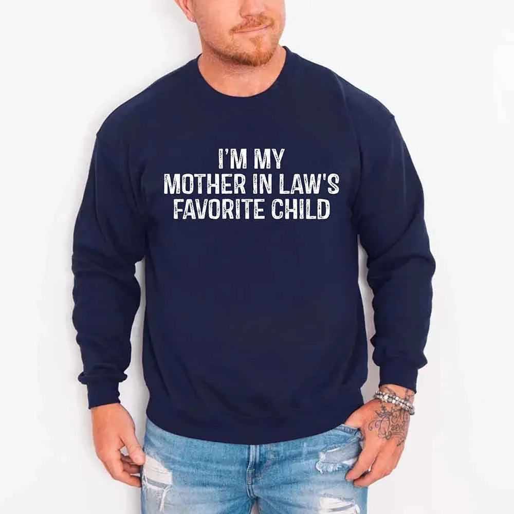 Person wearing a navy blue sweatshirt with text against a white background