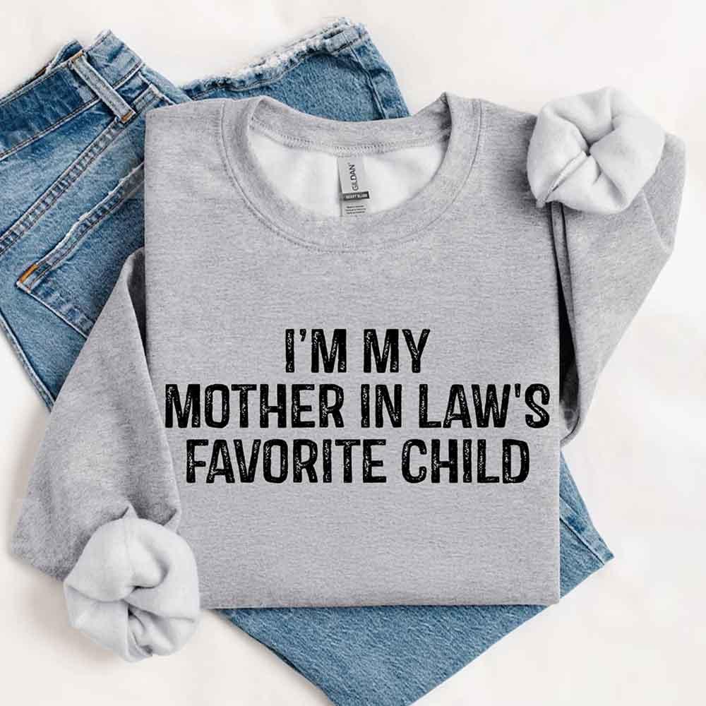 Gray t-shirt with 'I'm my mother in law's favorite child' text on a white background