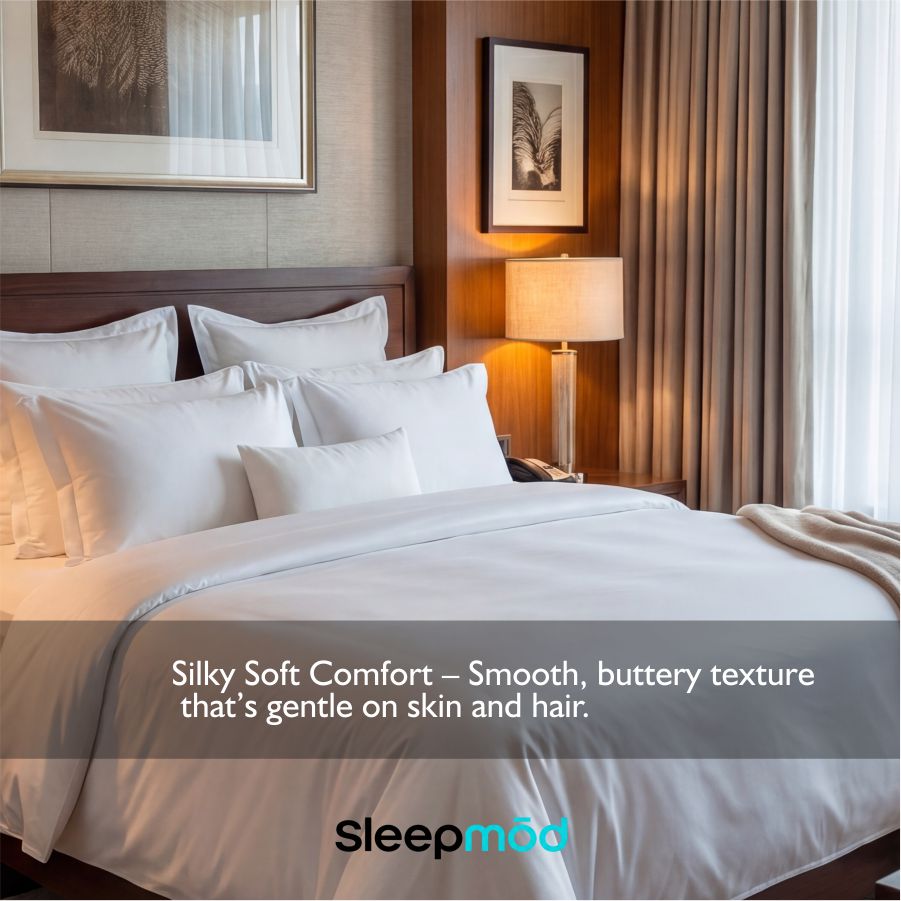 Bedroom with neatly made bed featuring Sleepmod bedding, soft lighting, and decor.