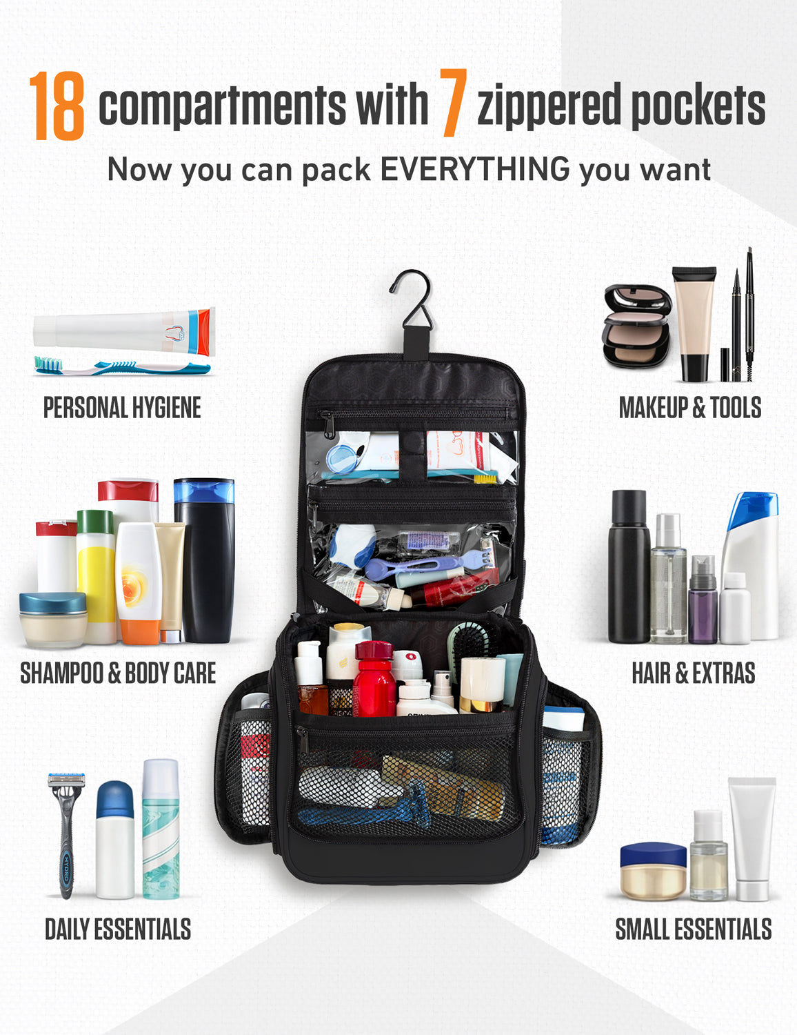 Unisex Hanging Toiletry Bag – Water-Resistant, TSA Bag & Swivel Hook
