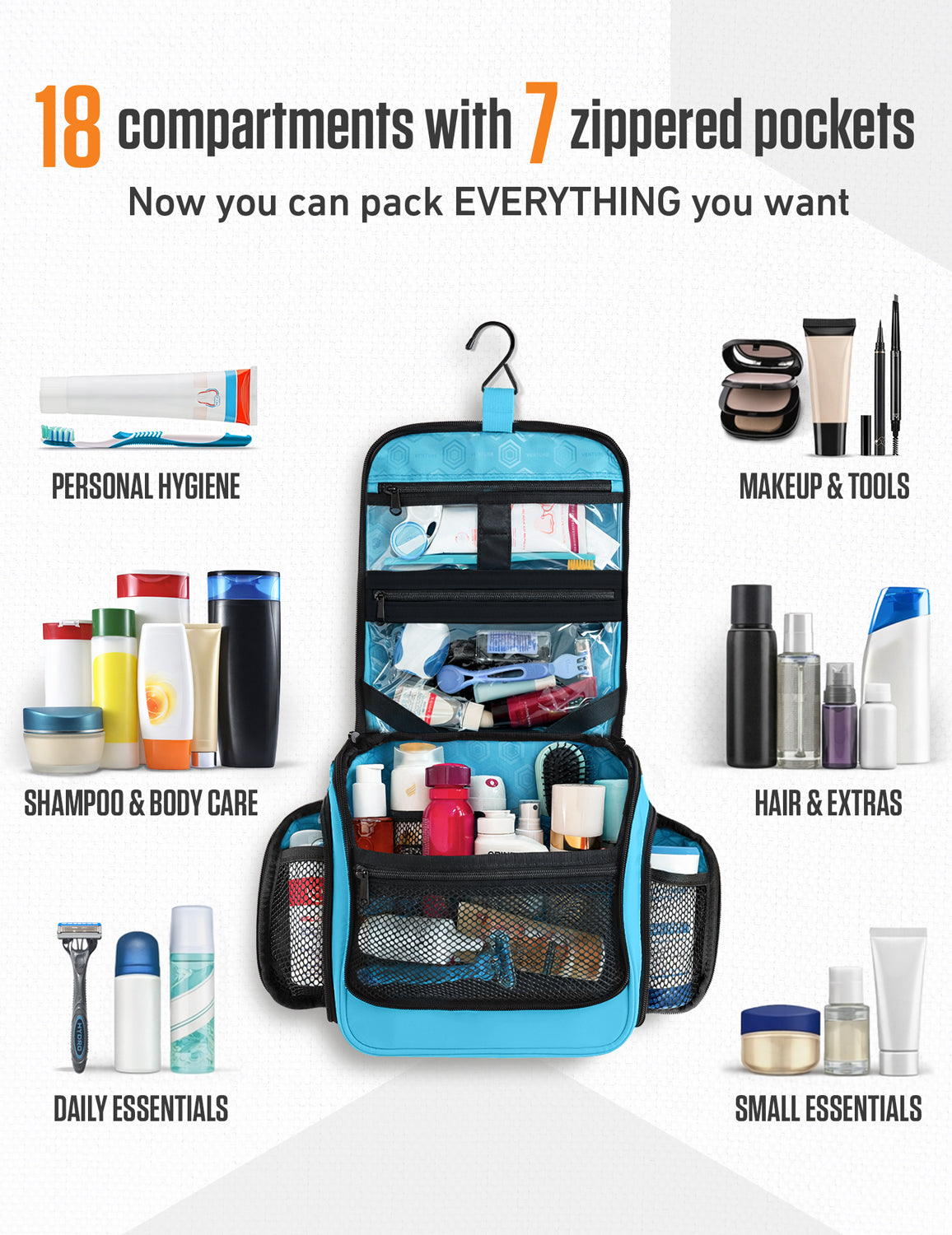 Unisex Hanging Toiletry Bag – Water-Resistant, TSA Bag & Swivel Hook