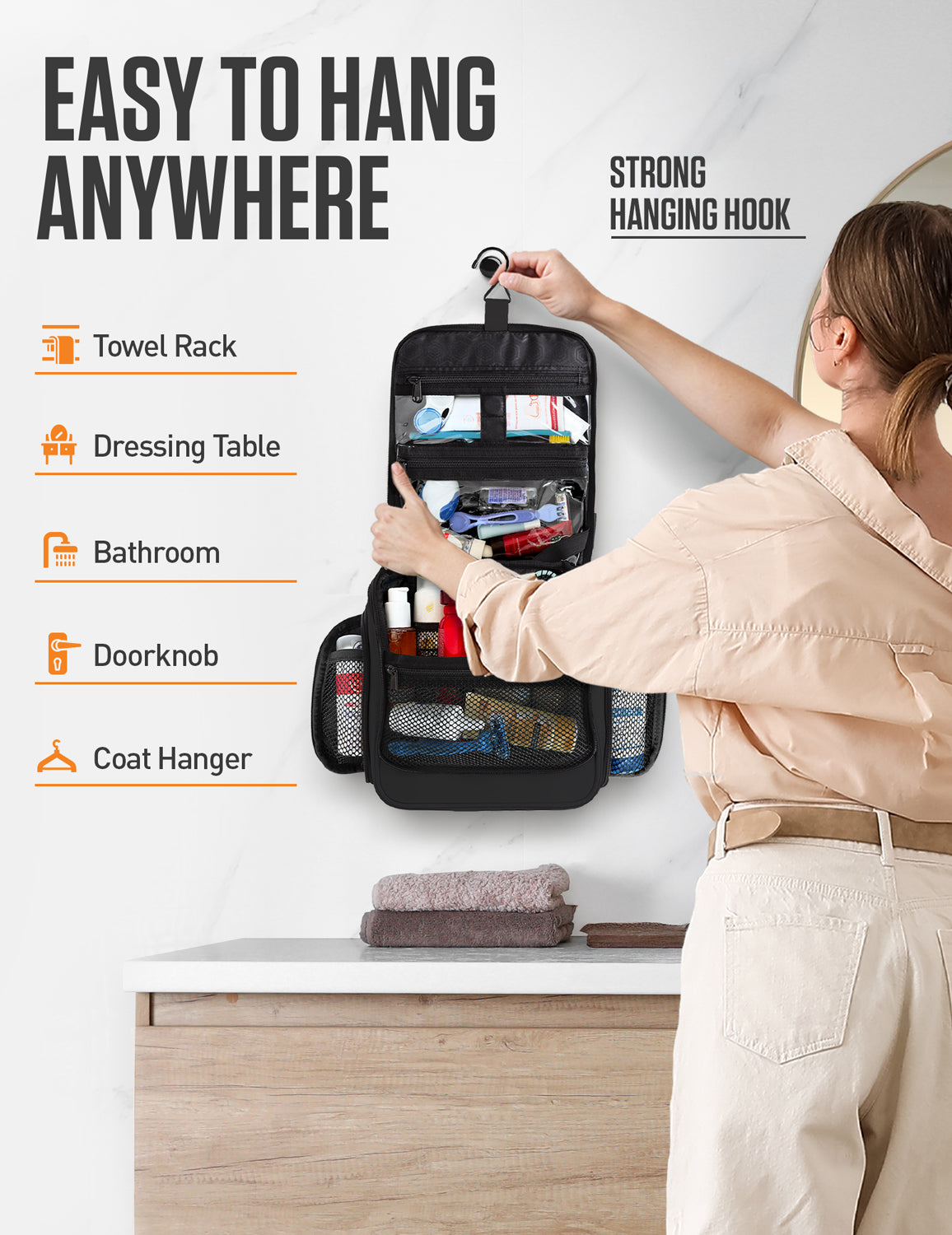 Unisex Hanging Toiletry Bag – Water-Resistant, TSA Bag & Swivel Hook