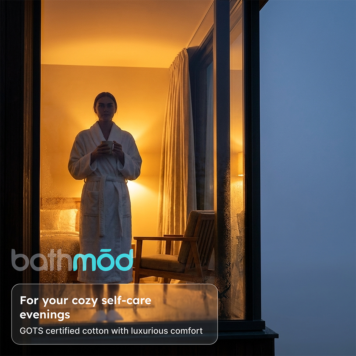 Person in a bathrobe standing by a window with 'bathmod' branding and text about cozy self-care evenings.