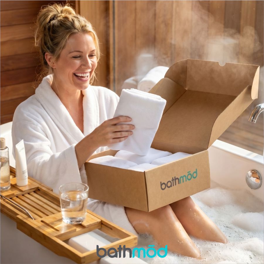 Woman in a bathrobe reading a book in a steamy bathroom with 'bathmod' branding.