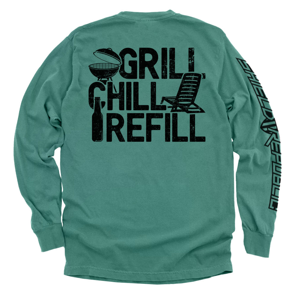Teal long-sleeve shirt with black graphics and text on a white background