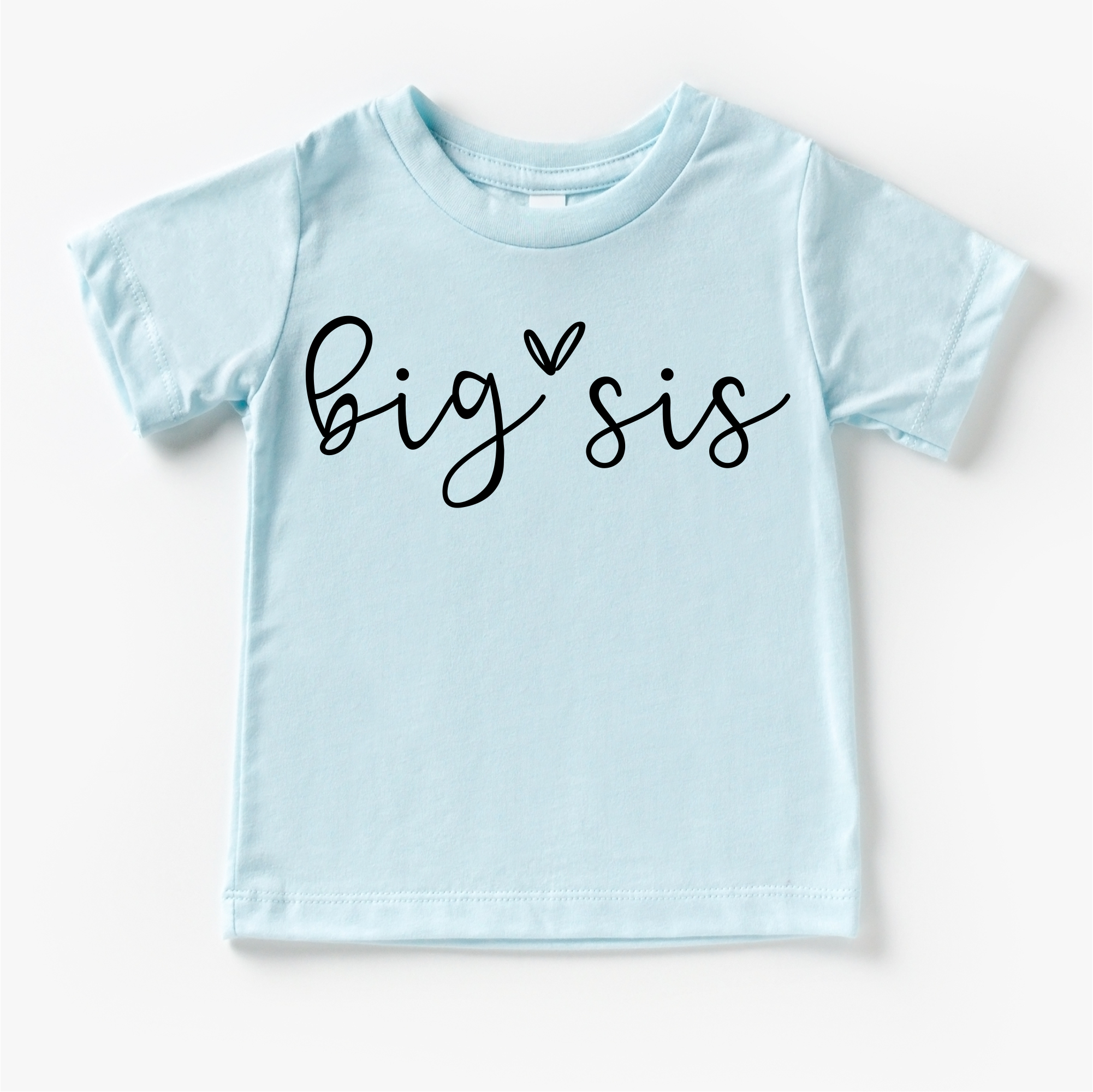 Light blue t-shirt with 'big sis' text on a white background