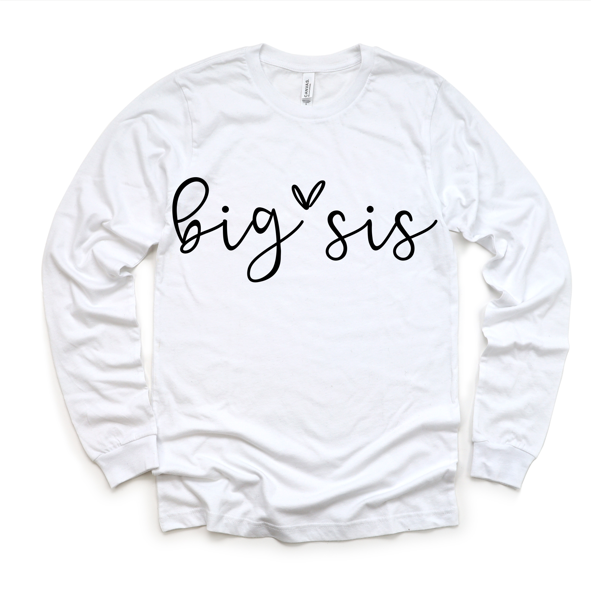 White long sleeve shirt with 'big sis' text on a white background