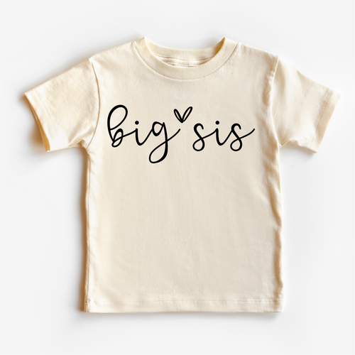 Beige t-shirt with 'big sis' text on a white background
