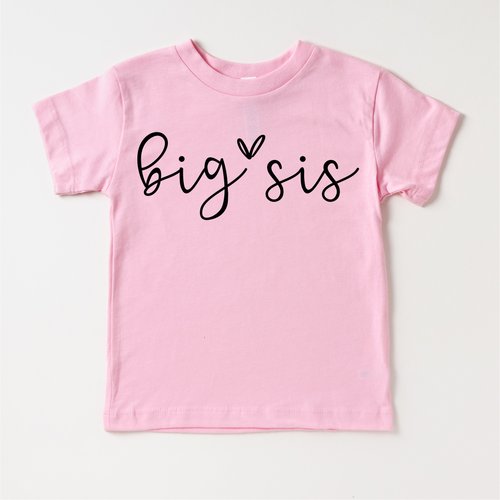 Pink t-shirt with 'big sis' text on a white background
