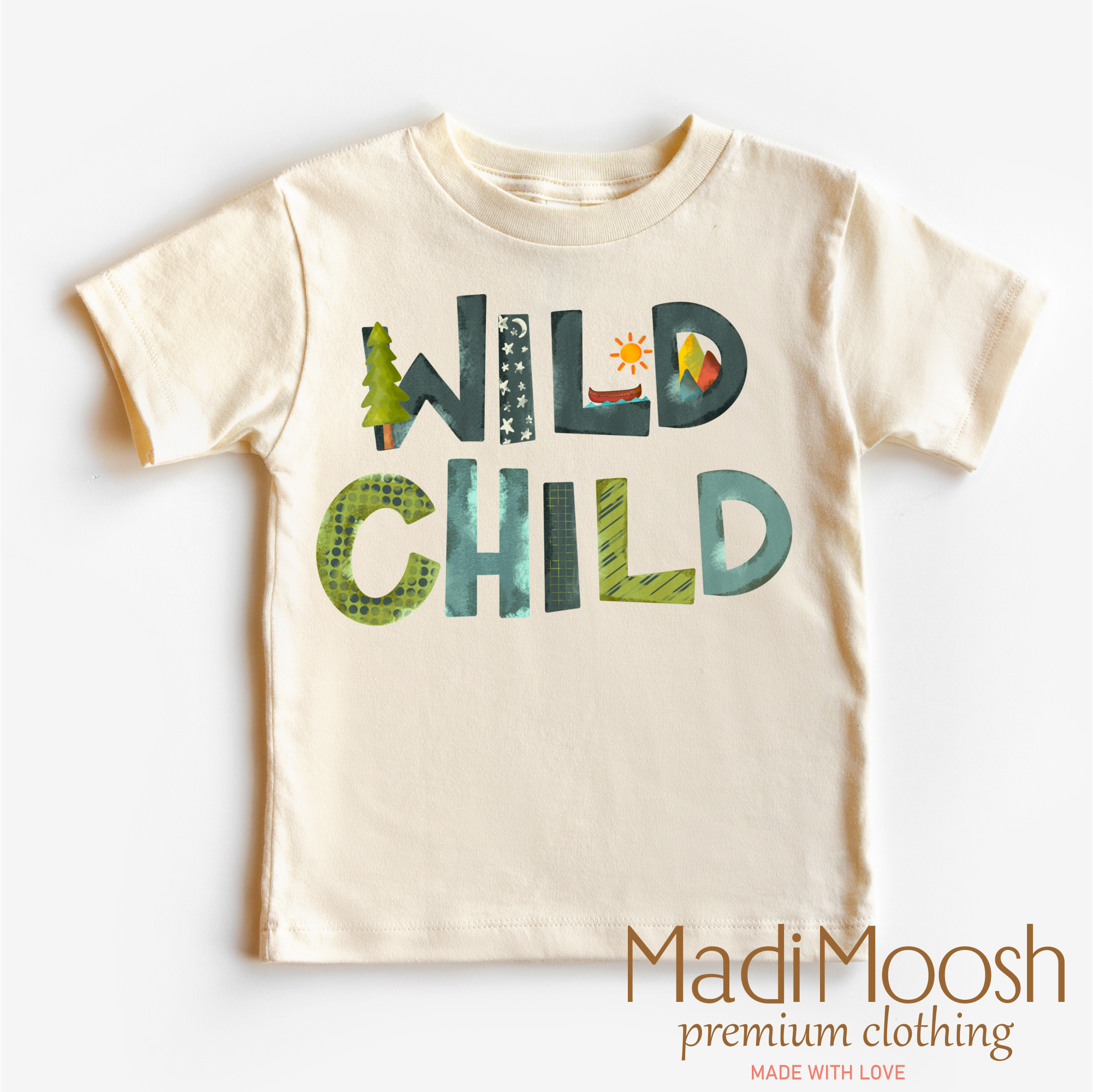 Children's t-shirt with 'Wild Child' text and nature-themed design on a white background, branded as Madi Moosh.