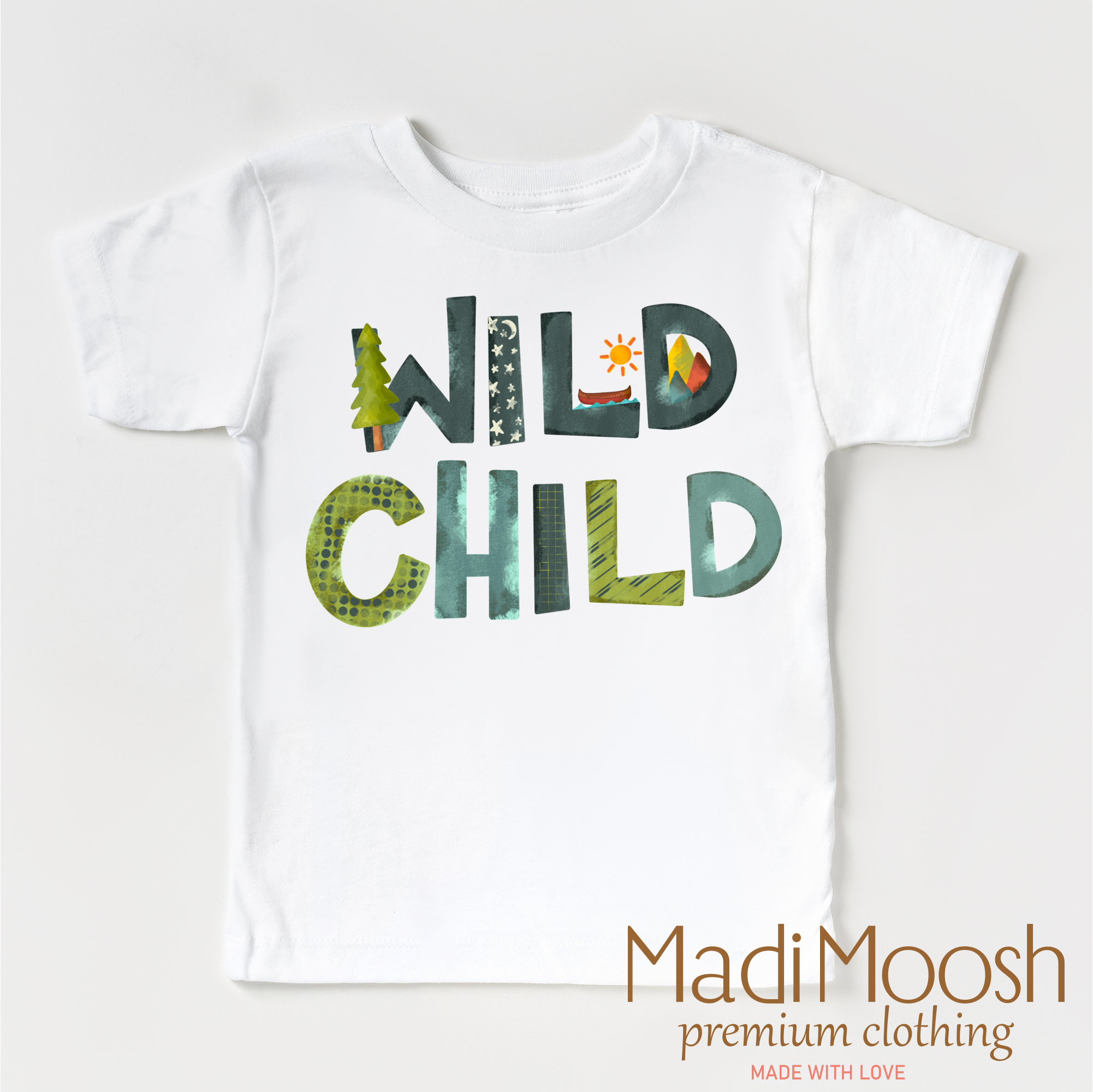 White t-shirt with 'Wild Child' text and Madi Moosh branding on a white background