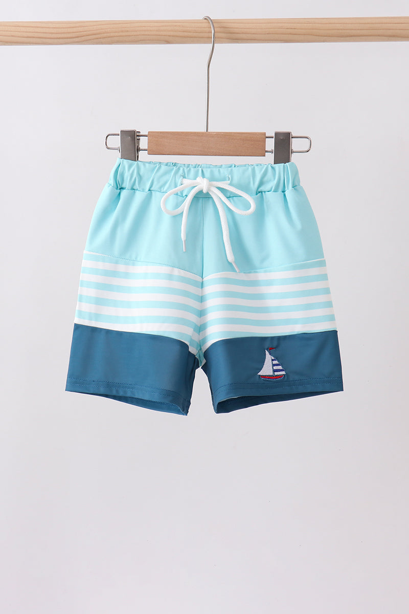 Boys' Blue Stripe Sailboat Embroidery UPF 50+ Swim Trunks