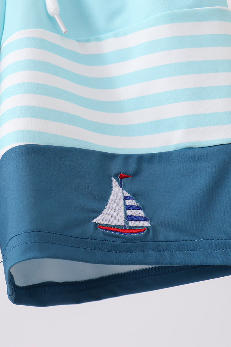 Boys' Blue Stripe Sailboat Embroidery UPF 50+ Swim Trunks
