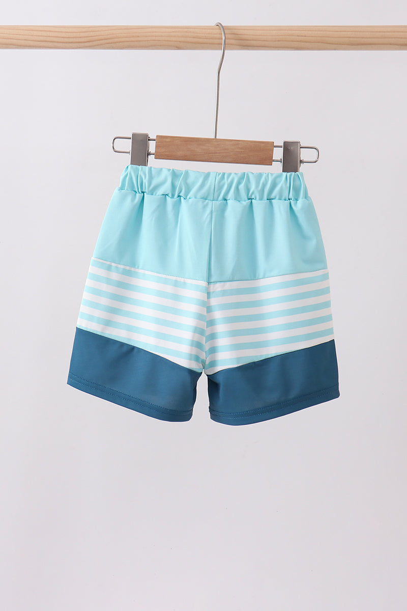 Boys' Blue Stripe Sailboat Embroidery UPF 50+ Swim Trunks